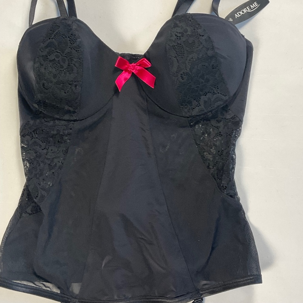 NWT Adore Me Black Lace Bustier with Leg Garters Size 34B